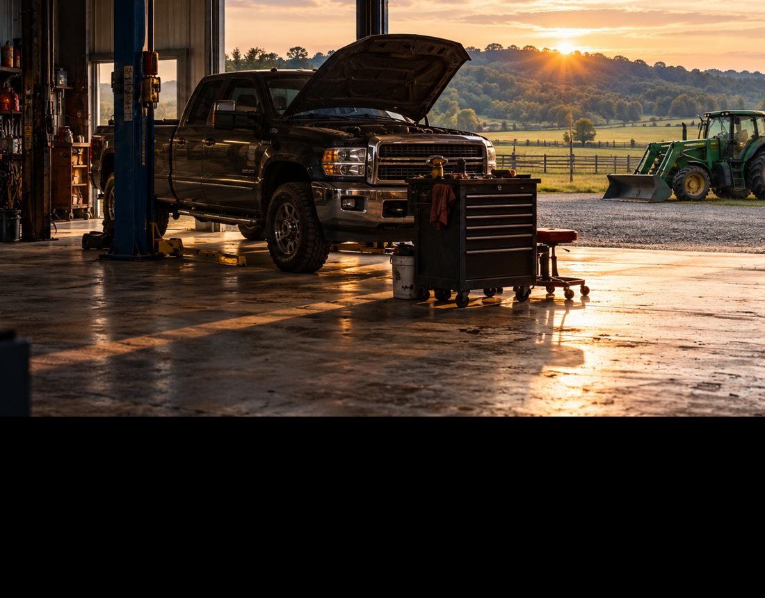 Pickup truck in a repair garage